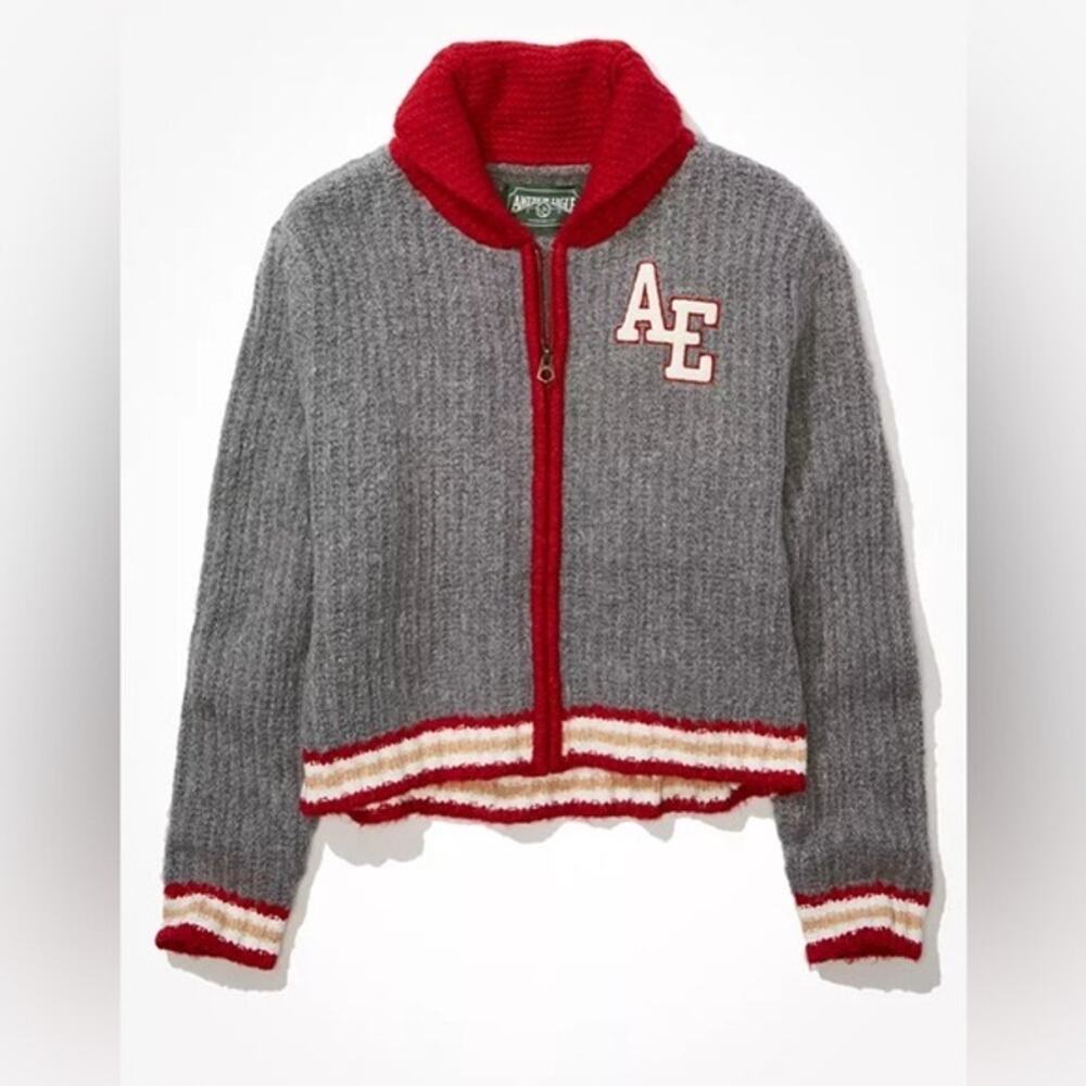 American Eagle Grey Patchwork Varsity Preppy Zip Up Jacket Cardigan Size Large